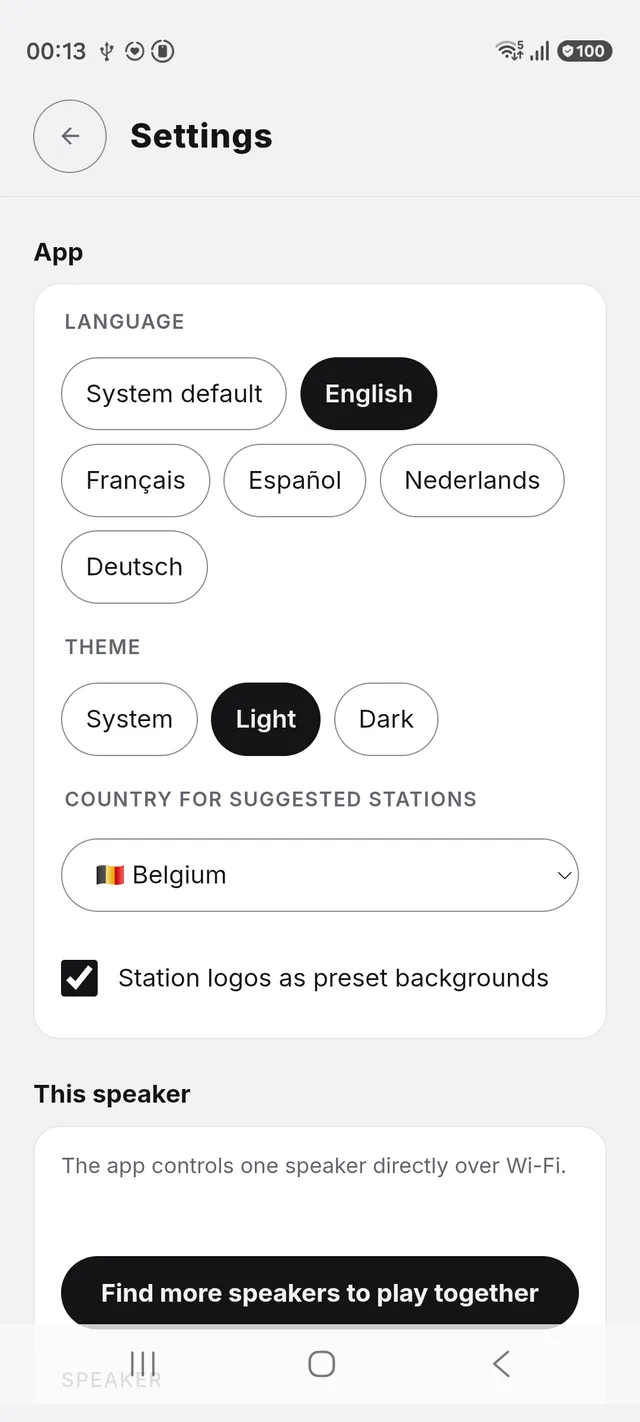 The Mast settings screen: language and theme choices, a button to search the network for speakers, and a field for entering a speaker's IP address.