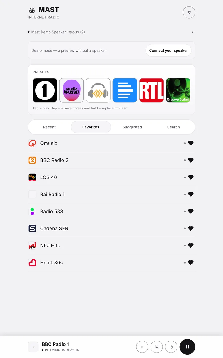 The same Mast home screen on a tablet, with the presets and station list laid out wider.